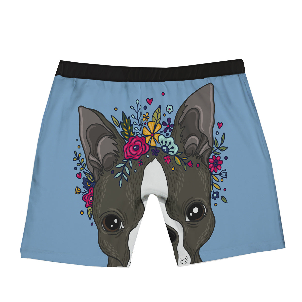 Flower Boston Terrier Cartoon Print Boxer Briefs-grizzshop