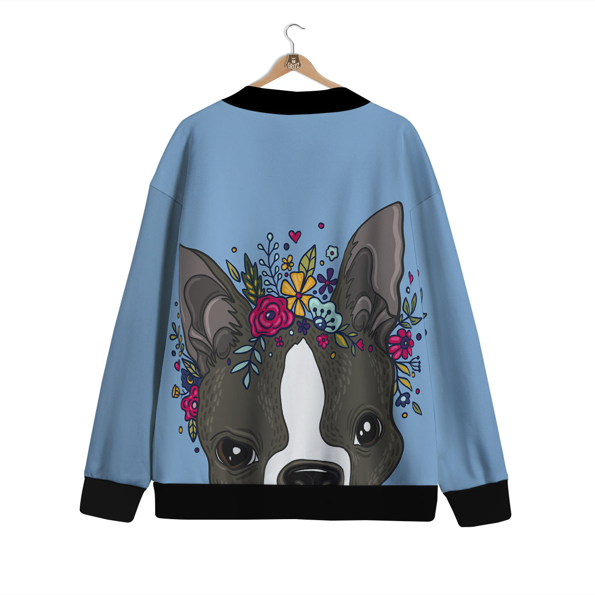 Flower Boston Terrier Cartoon Print Cardigan-grizzshop
