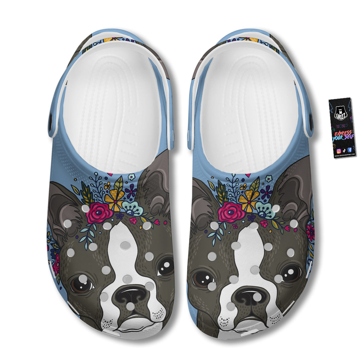 Flower Boston Terrier Cartoon Print Clog-grizzshop