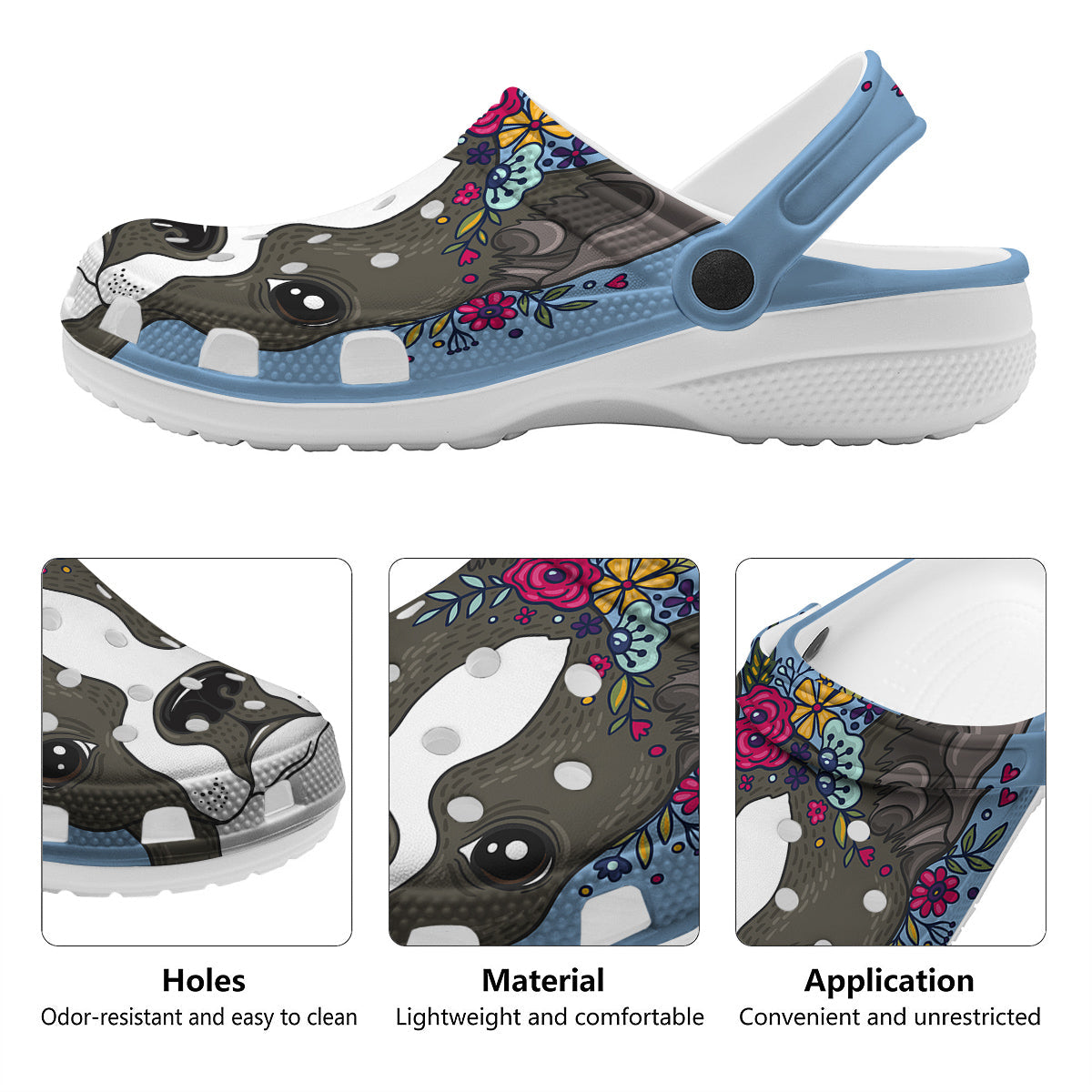 Flower Boston Terrier Cartoon Print Clog-grizzshop