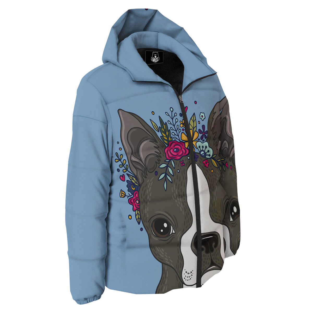 Flower Boston Terrier Cartoon Print Down Jacket-grizzshop