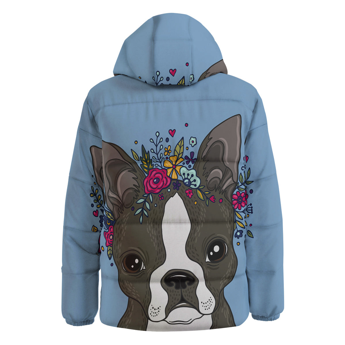 Flower Boston Terrier Cartoon Print Down Jacket-grizzshop
