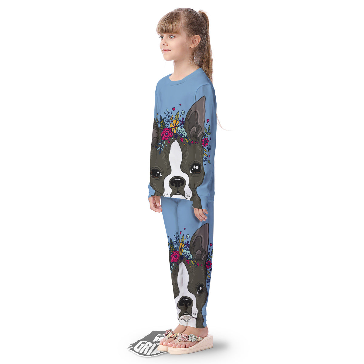 Flower Boston Terrier Cartoon Print Kid's Pajamas-grizzshop