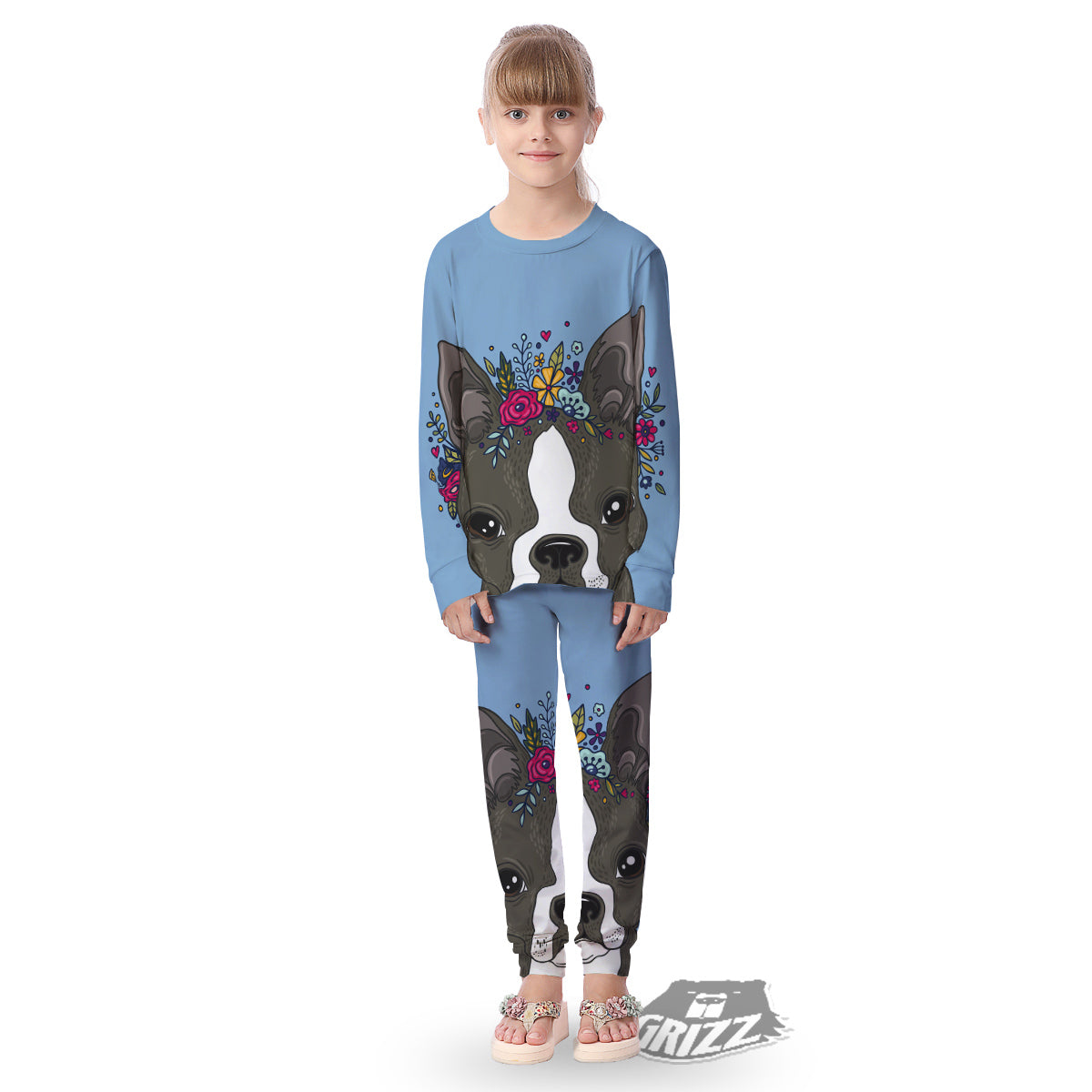 Flower Boston Terrier Cartoon Print Kid's Pajamas-grizzshop