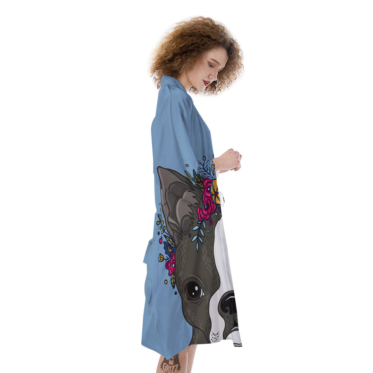 Flower Boston Terrier Cartoon Print Kimono-grizzshop
