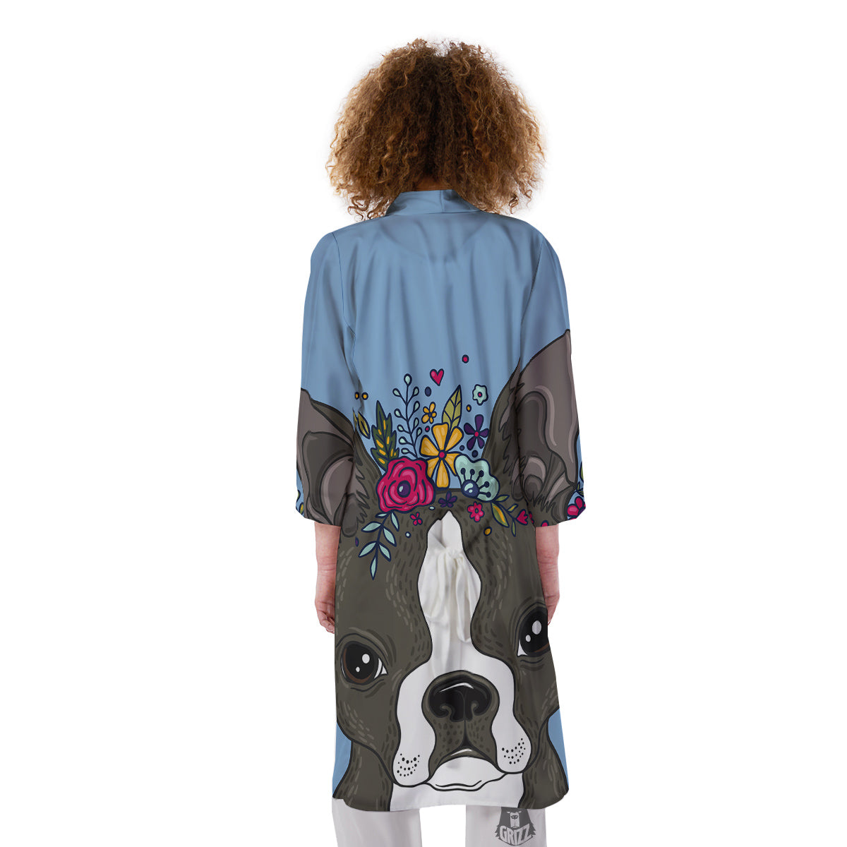 Flower Boston Terrier Cartoon Print Kimono-grizzshop