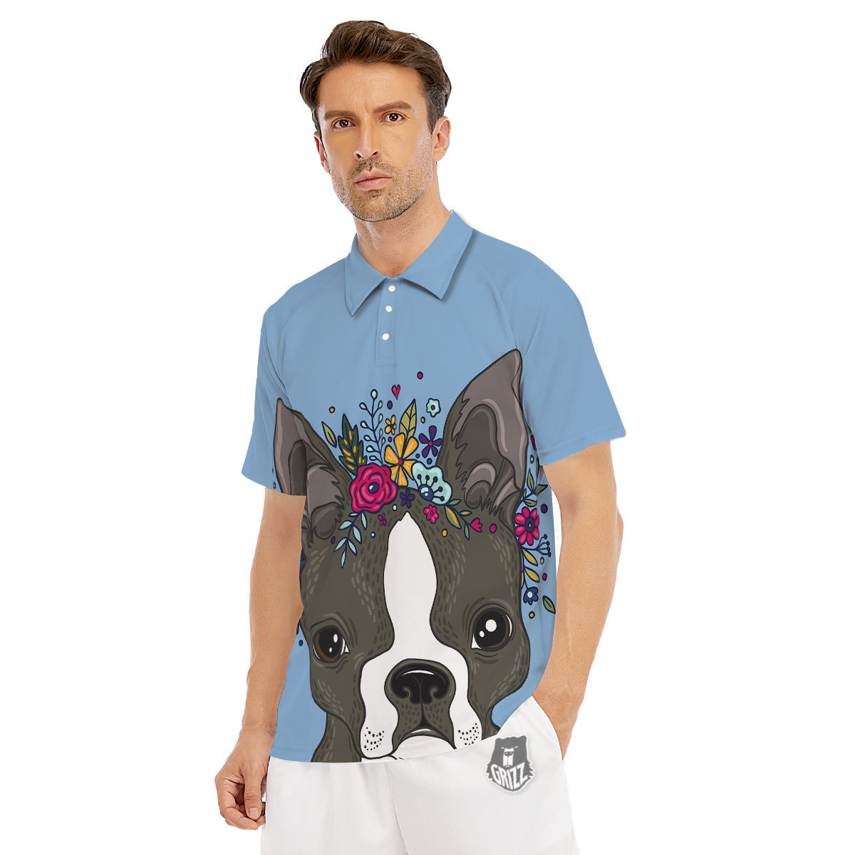 Flower Boston Terrier Cartoon Print Men's Golf Shirts-grizzshop