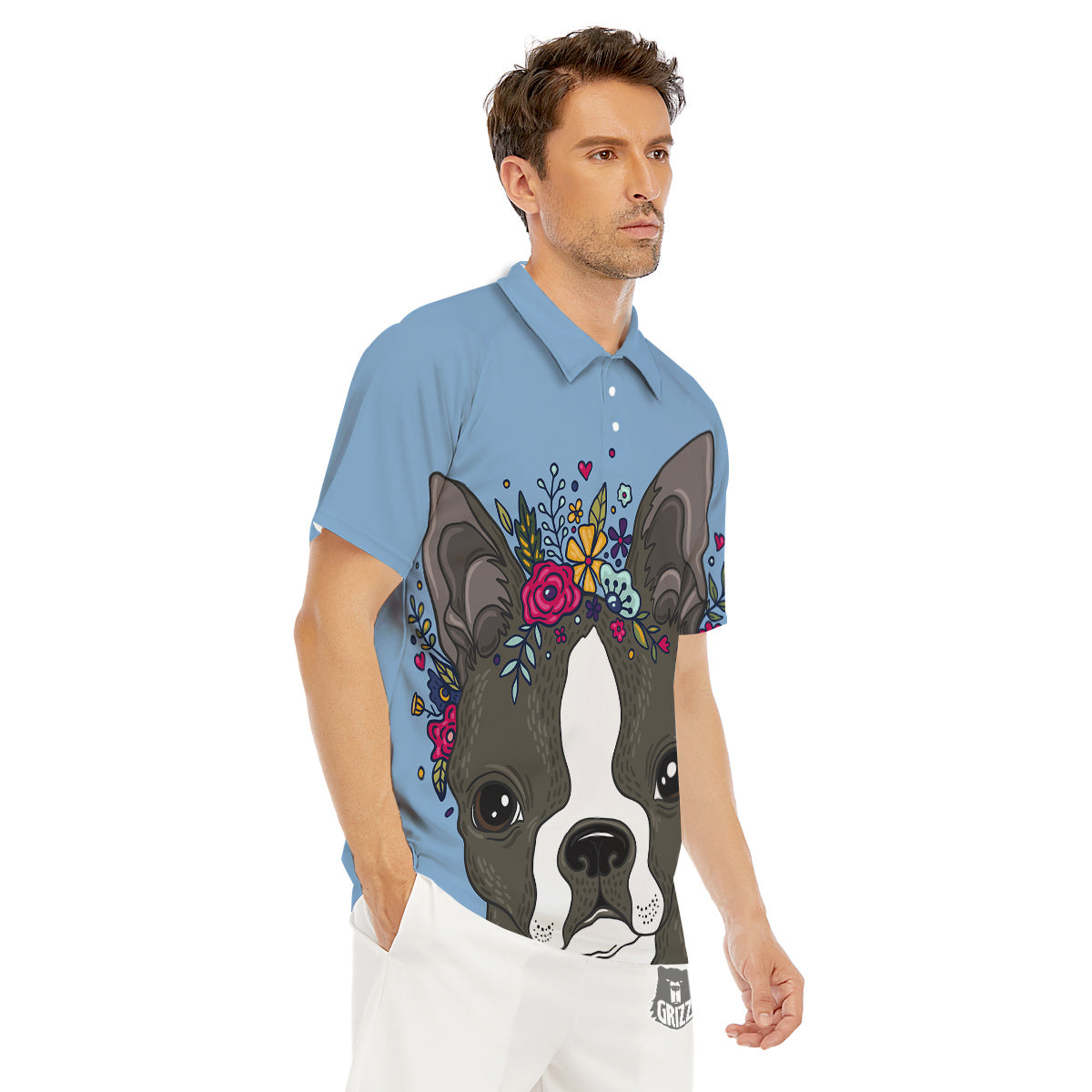 Flower Boston Terrier Cartoon Print Men's Golf Shirts-grizzshop