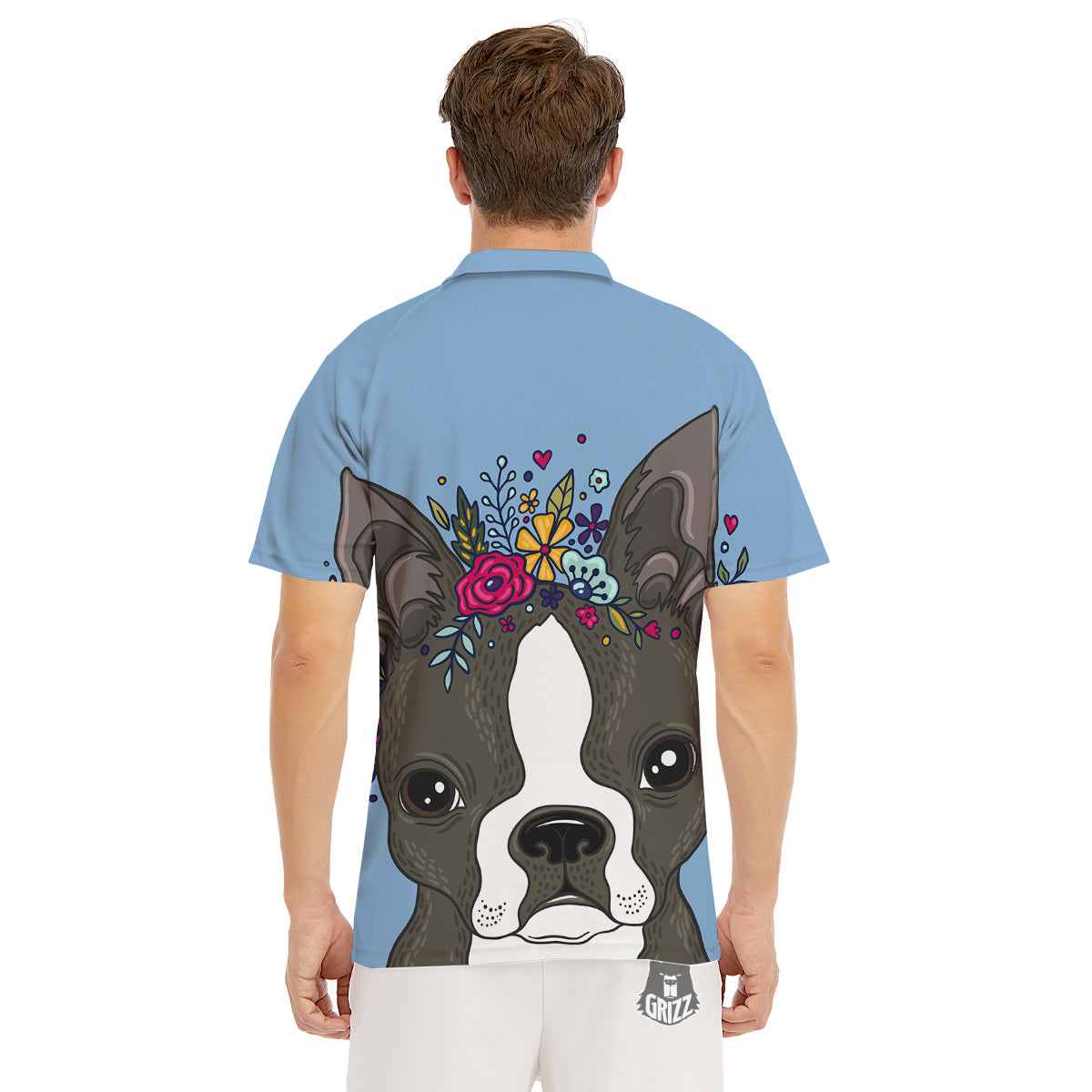 Flower Boston Terrier Cartoon Print Men's Golf Shirts-grizzshop
