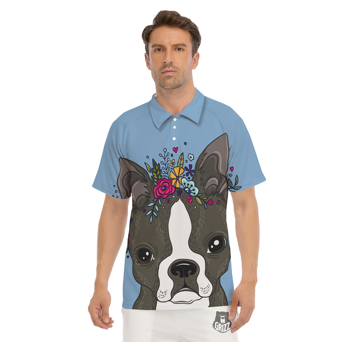 Flower Boston Terrier Cartoon Print Men's Golf Shirts-grizzshop