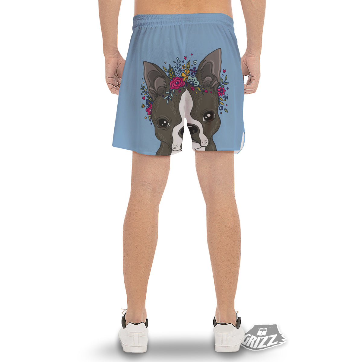 Flower Boston Terrier Cartoon Print Men's Gym Shorts-grizzshop