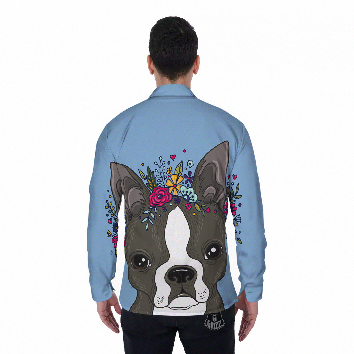 Flower Boston Terrier Cartoon Print Men's Long Sleeve Shirts-grizzshop