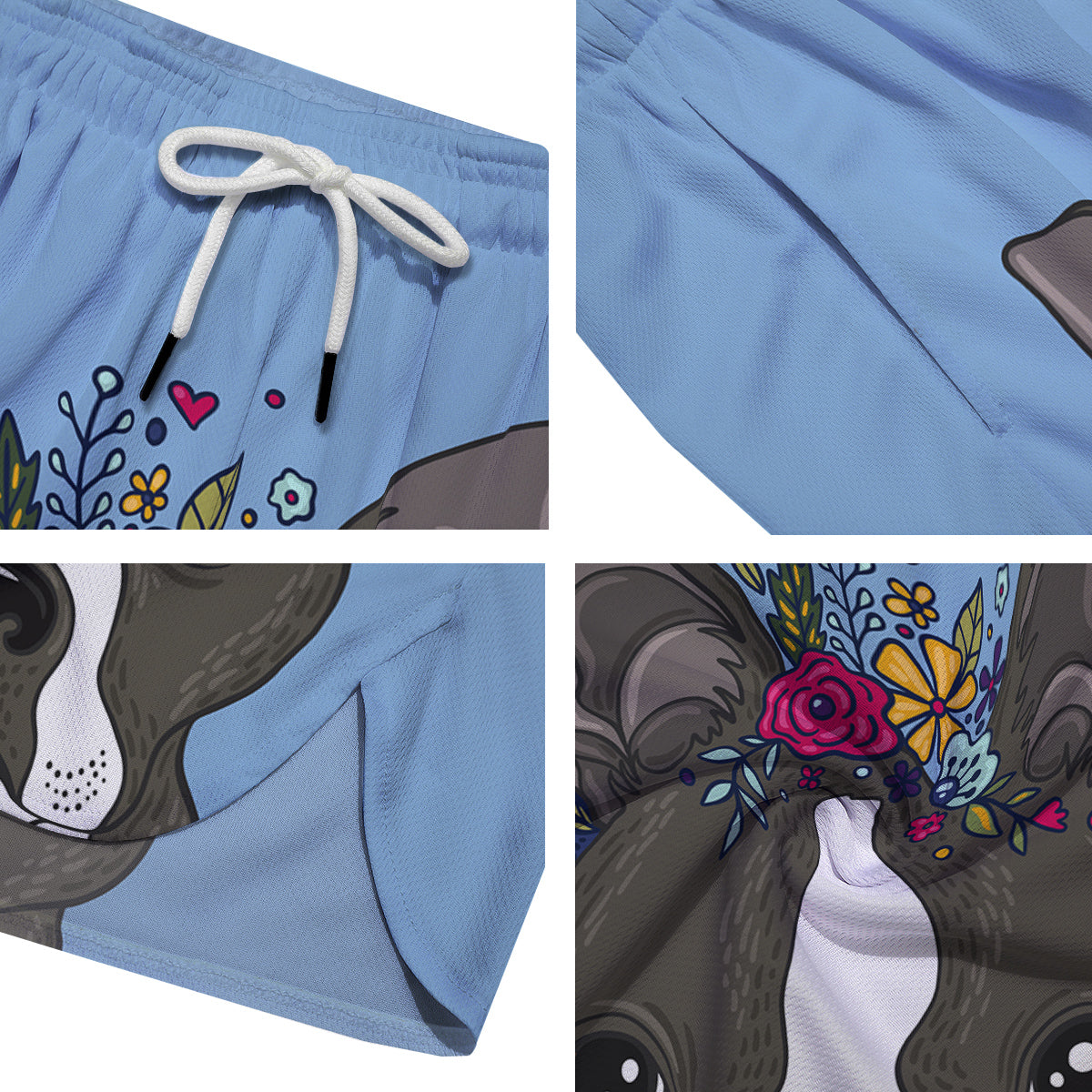 Flower Boston Terrier Cartoon Print Men's Running Shorts-grizzshop