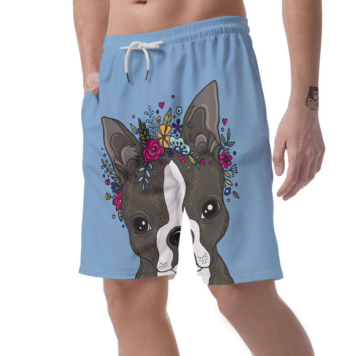 Flower Boston Terrier Cartoon Print Men's Shorts-grizzshop