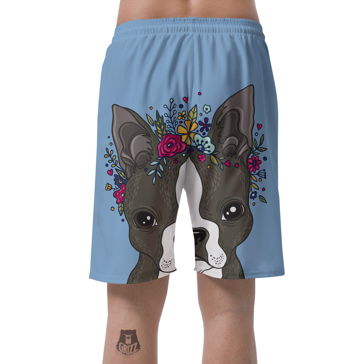 Flower Boston Terrier Cartoon Print Men's Shorts-grizzshop