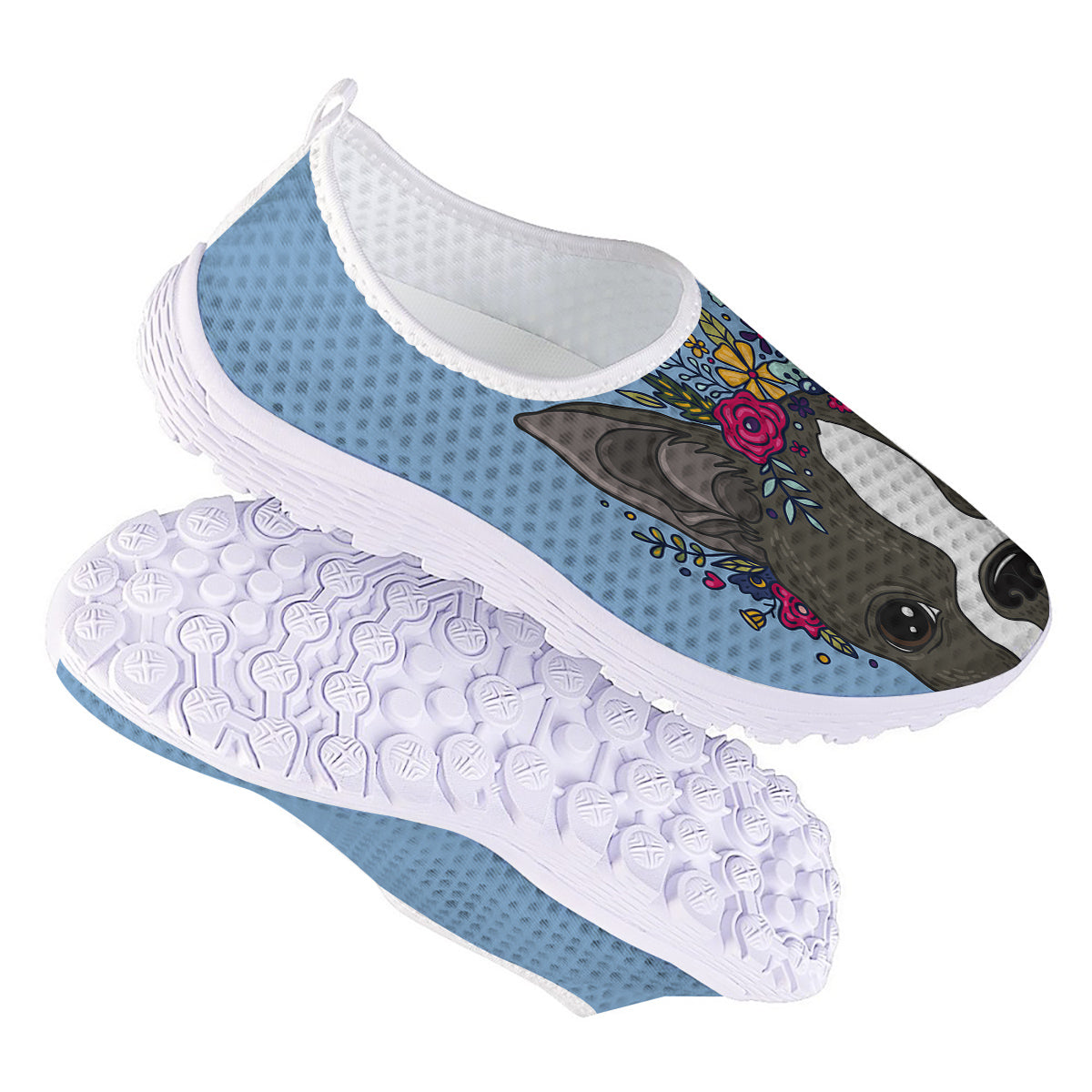 Flower Boston Terrier Cartoon Print Nurse Shoes-grizzshop