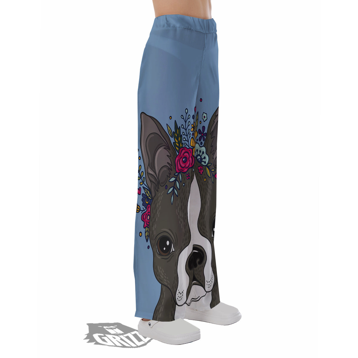 Flower Boston Terrier Cartoon Print Pajama Pants-grizzshop
