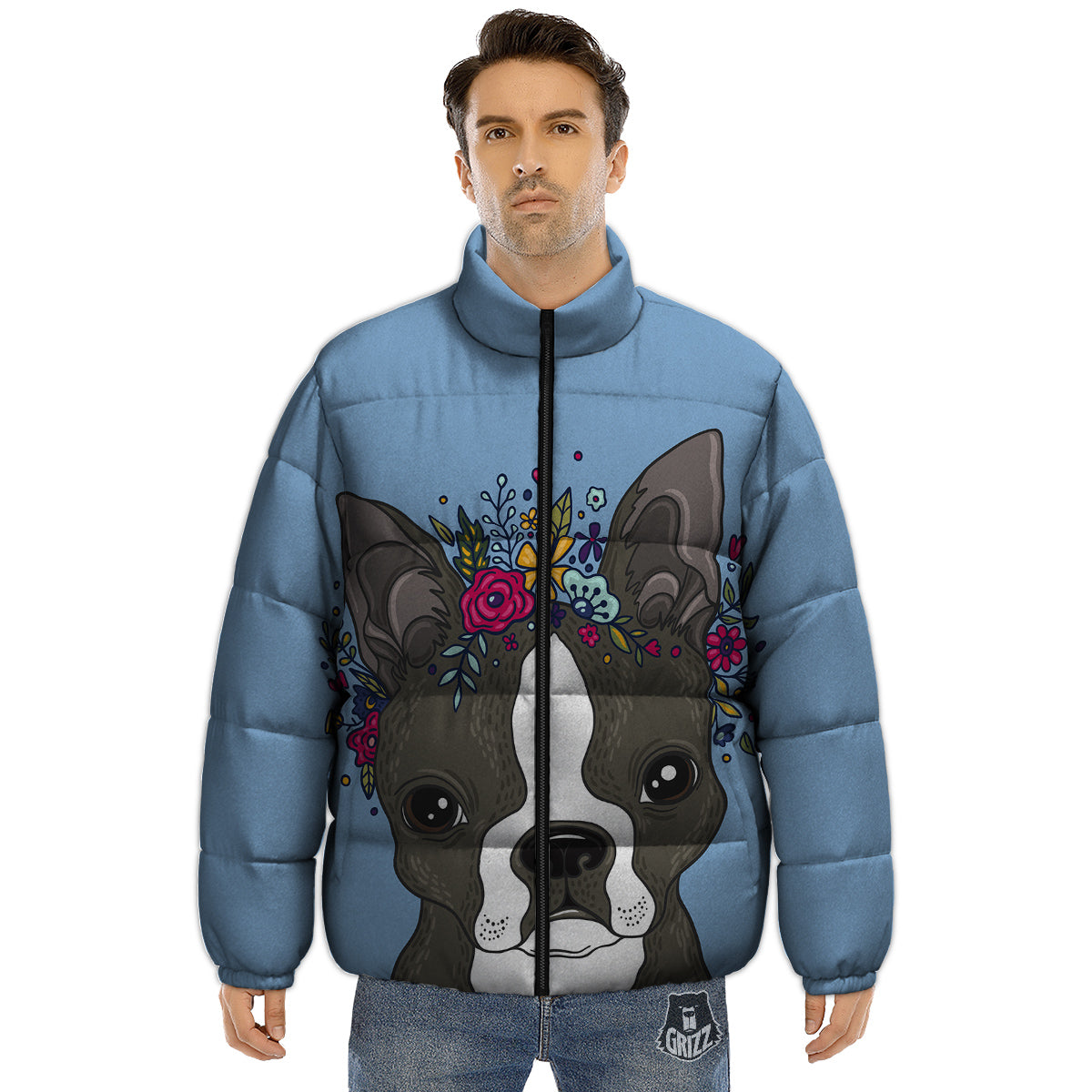 Flower Boston Terrier Cartoon Print Puffer Jacket-grizzshop