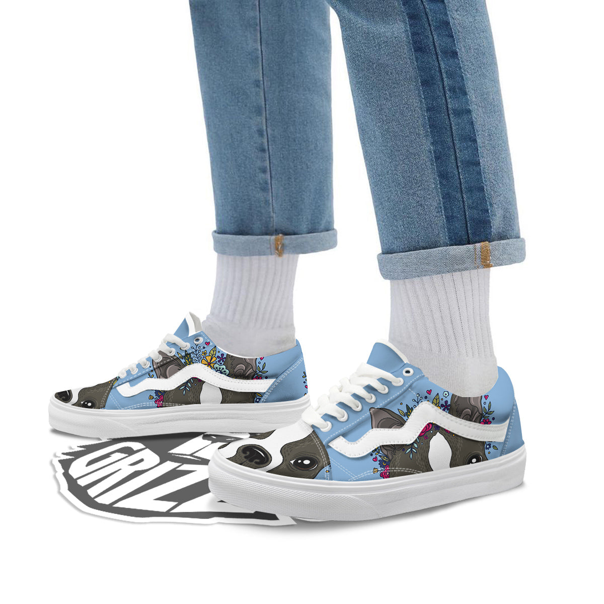 Flower Boston Terrier Cartoon Print Skate Shoes-grizzshop