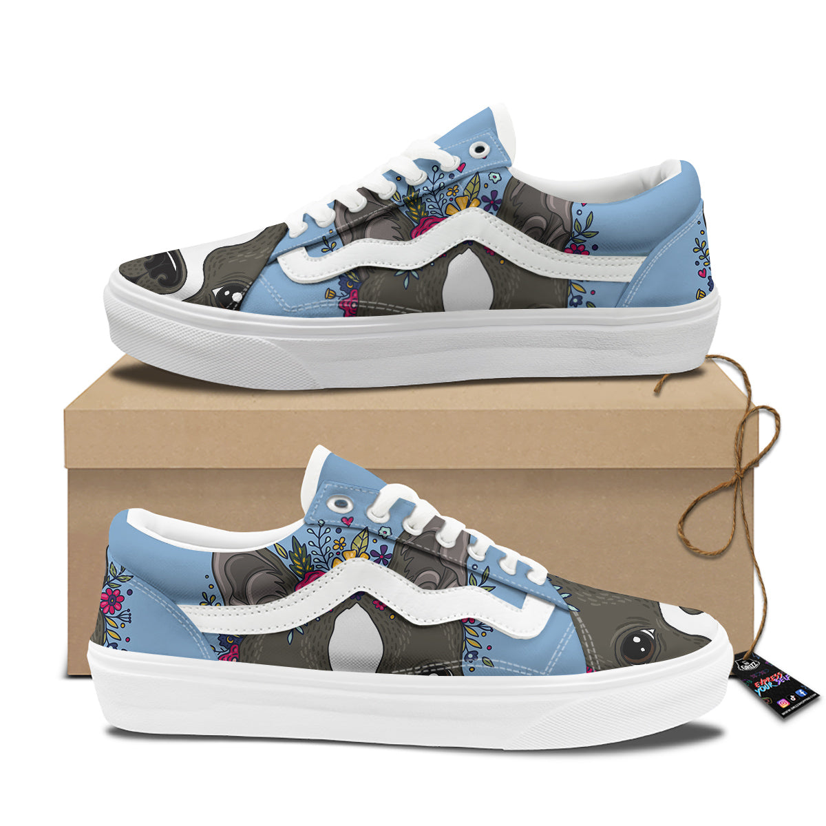 Flower Boston Terrier Cartoon Print Skate Shoes-grizzshop