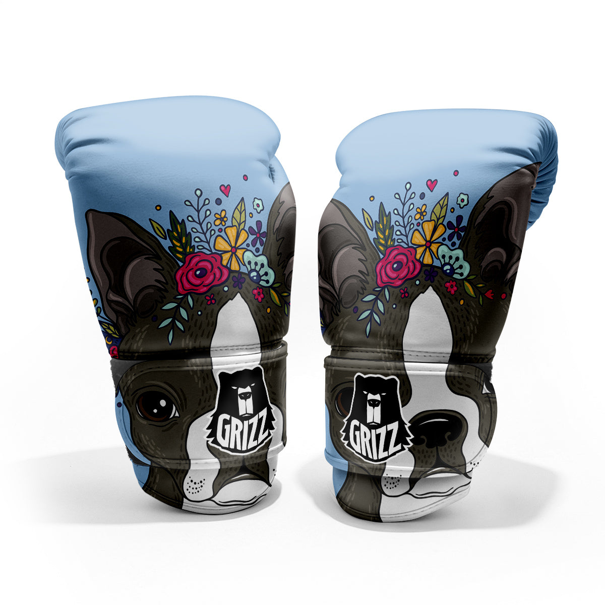 Flower Boston Terrier Cartoon Print Sparring Gloves-grizzshop