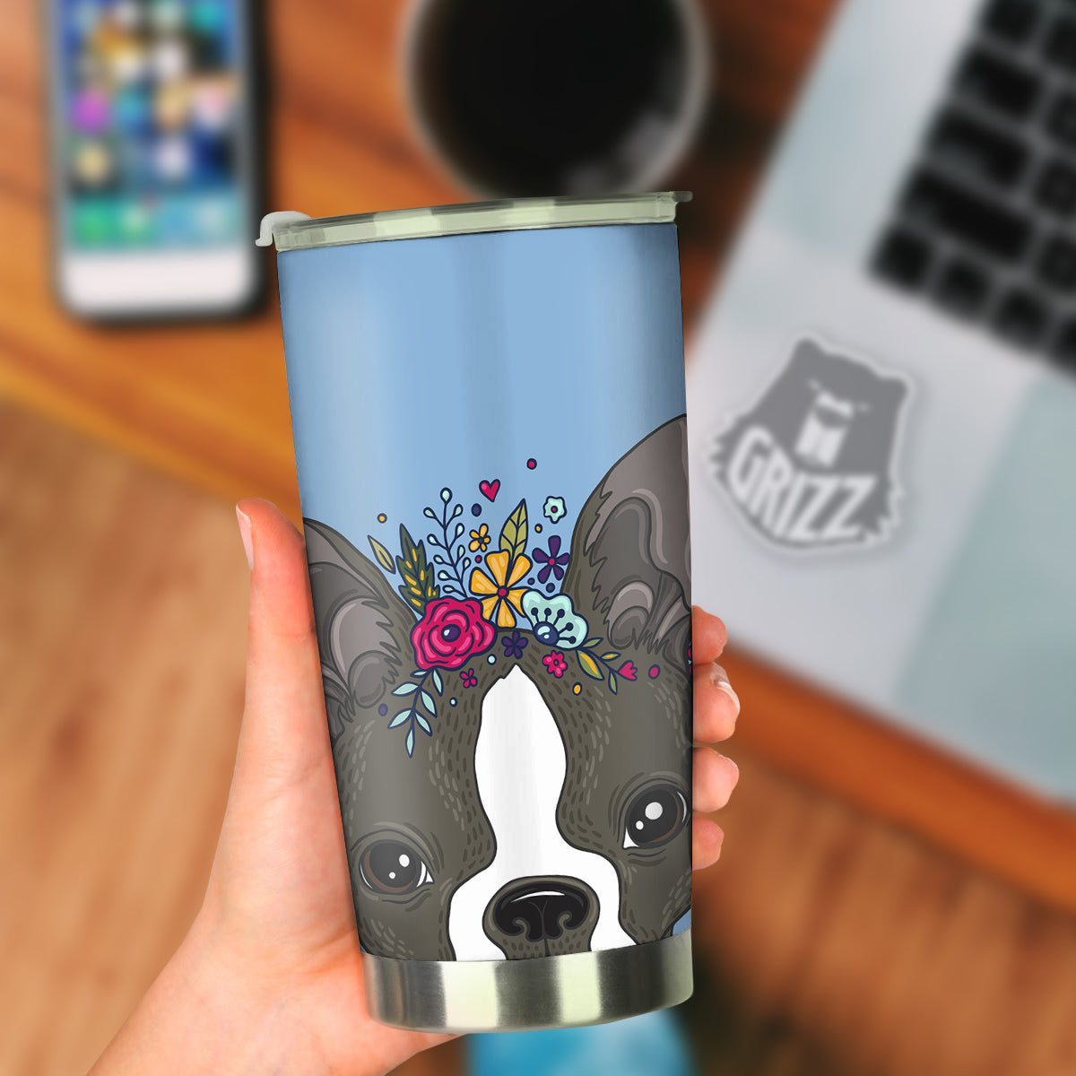 Flower Boston Terrier Cartoon Print Tumbler-grizzshop