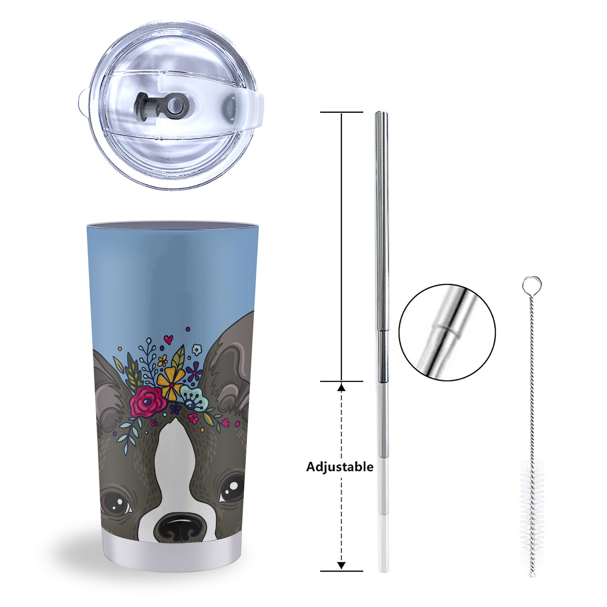 Flower Boston Terrier Cartoon Print Tumbler-grizzshop