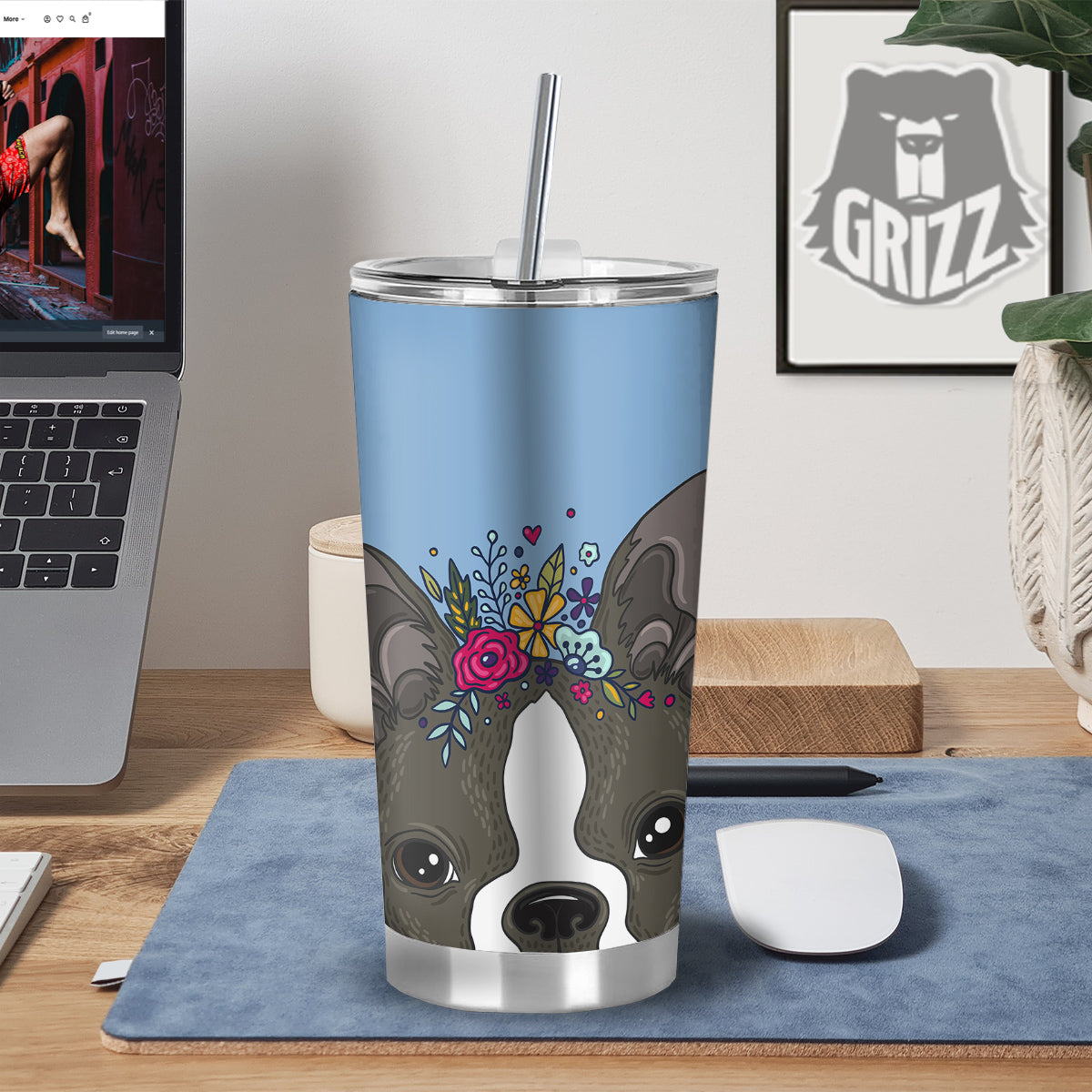 Flower Boston Terrier Cartoon Print Tumbler-grizzshop