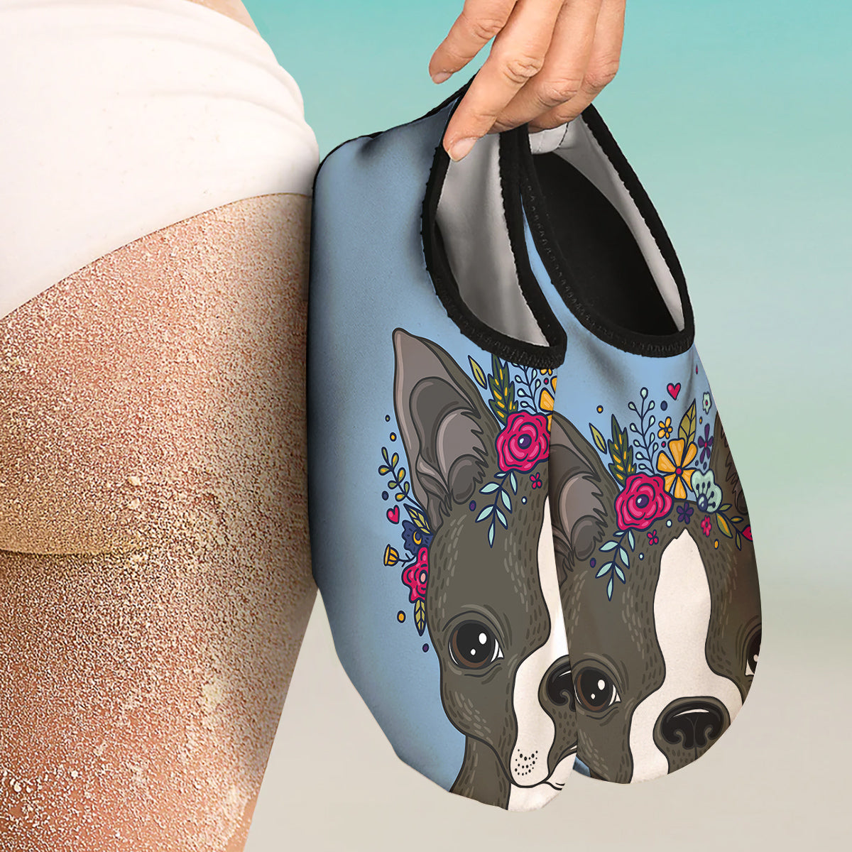 Flower Boston Terrier Cartoon Print Water Shoes-grizzshop