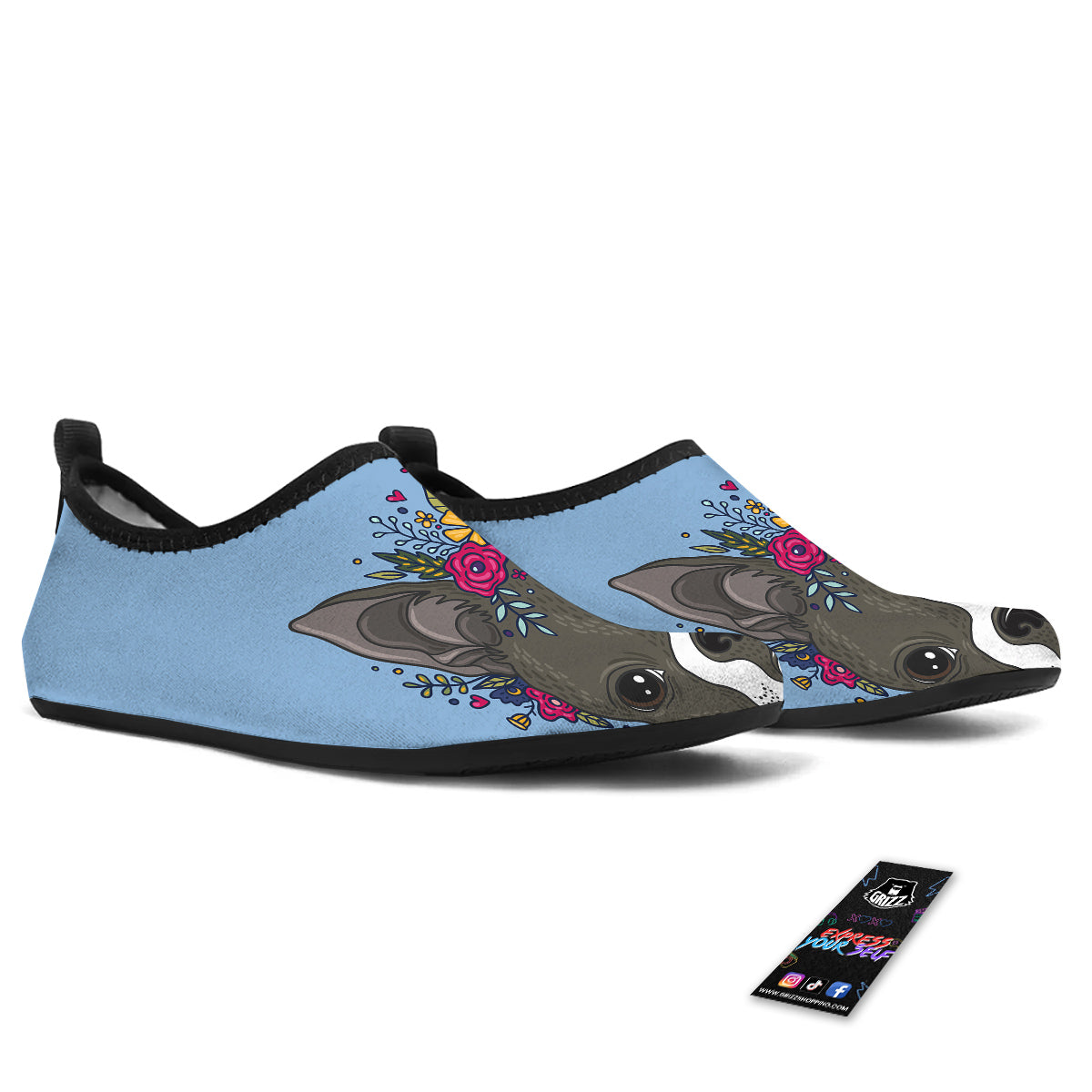 Flower Boston Terrier Cartoon Print Water Shoes-grizzshop