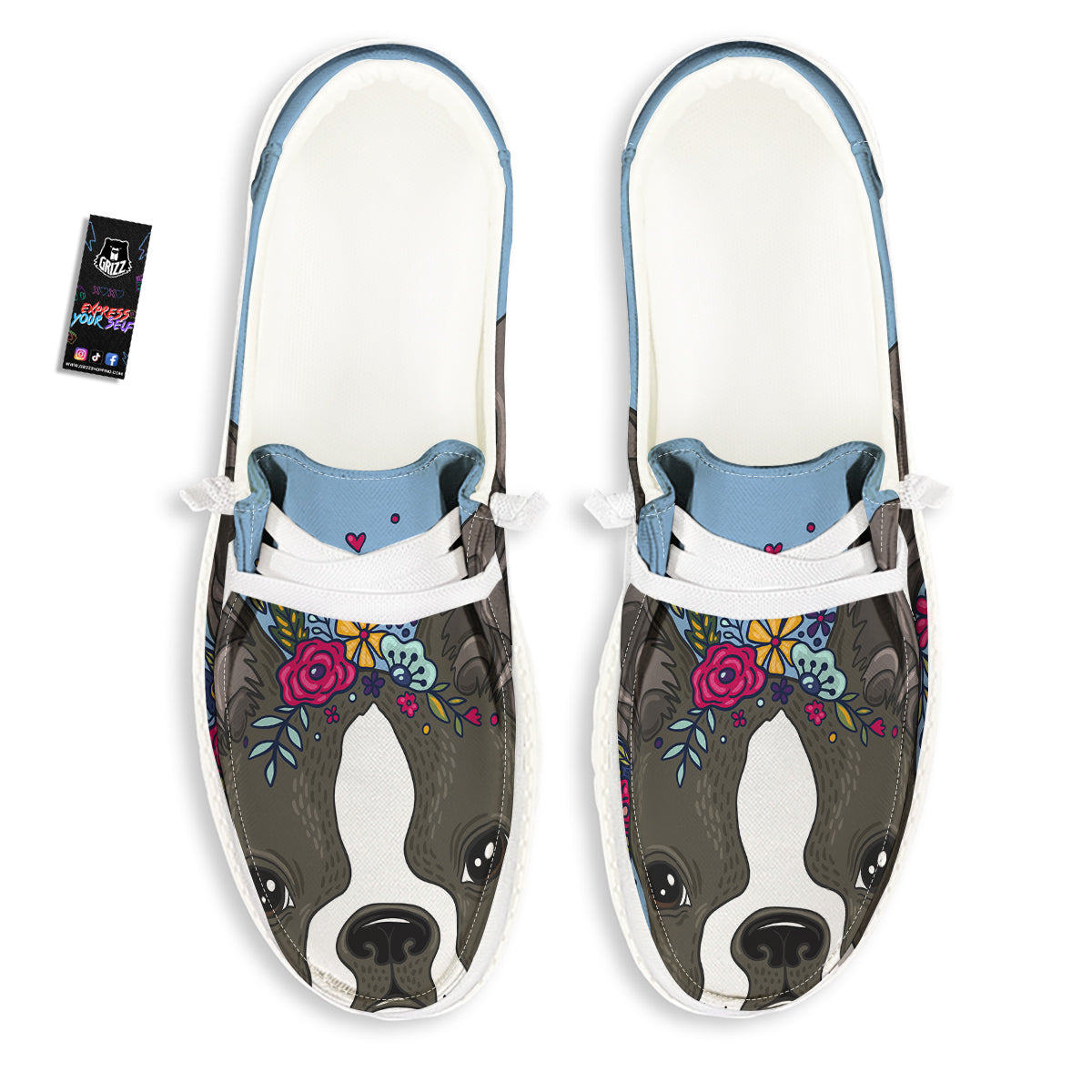Flower Boston Terrier Cartoon Print White Loafers-grizzshop
