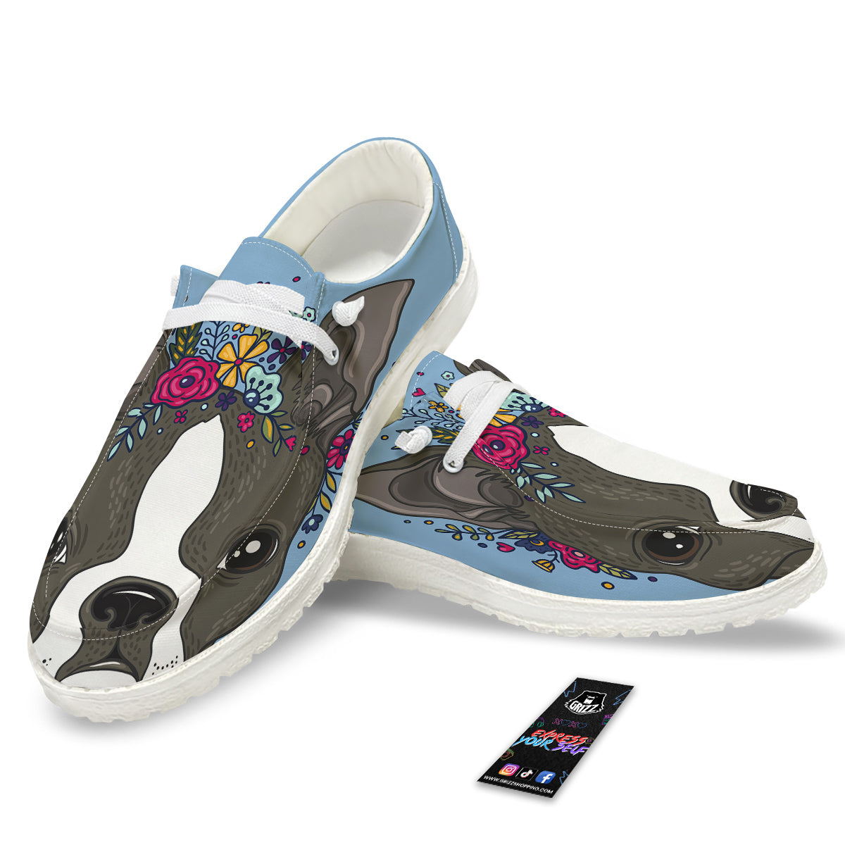Flower Boston Terrier Cartoon Print White Loafers-grizzshop