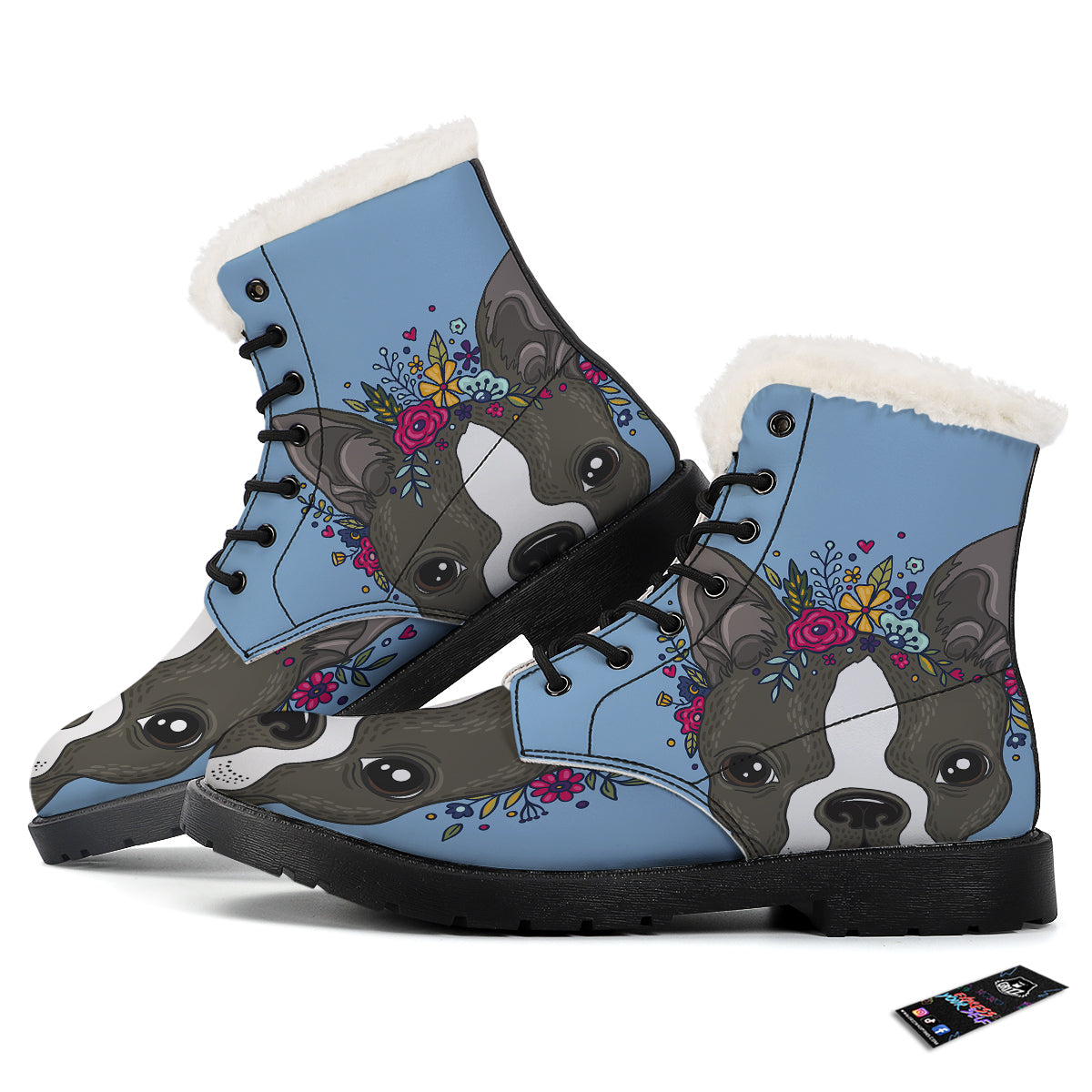 Flower Boston Terrier Cartoon Print Winter Boots-grizzshop