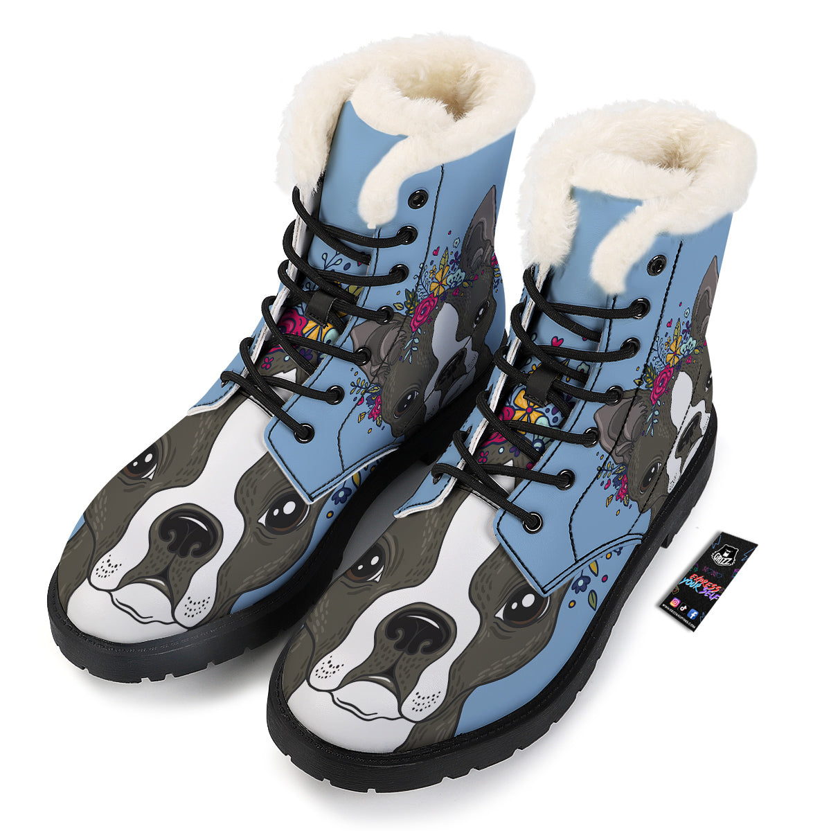 Flower Boston Terrier Cartoon Print Winter Boots-grizzshop
