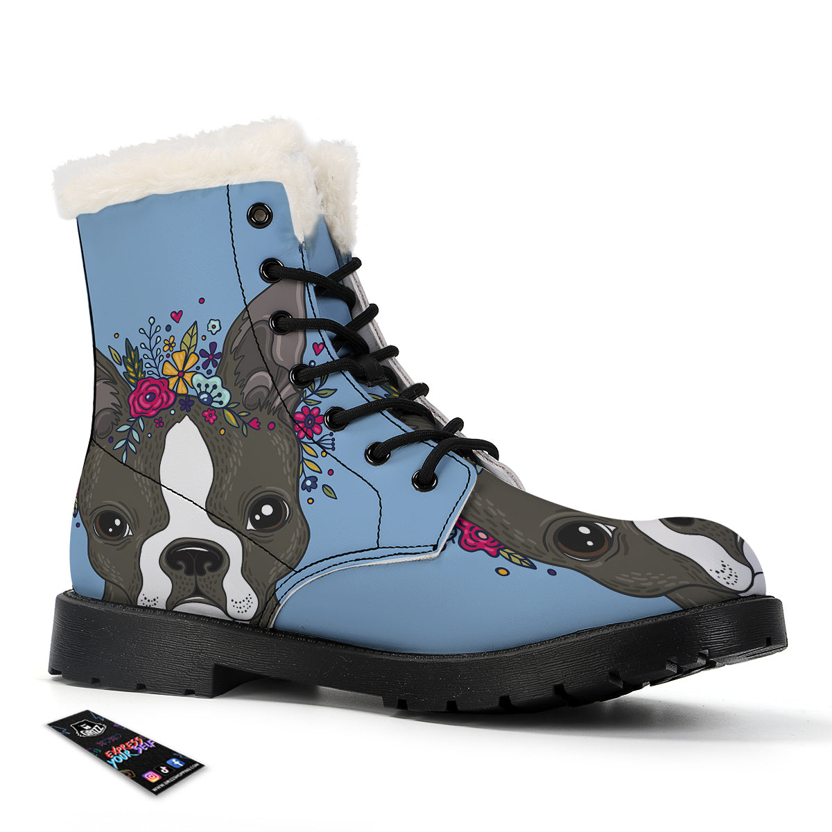 Flower Boston Terrier Cartoon Print Winter Boots-grizzshop