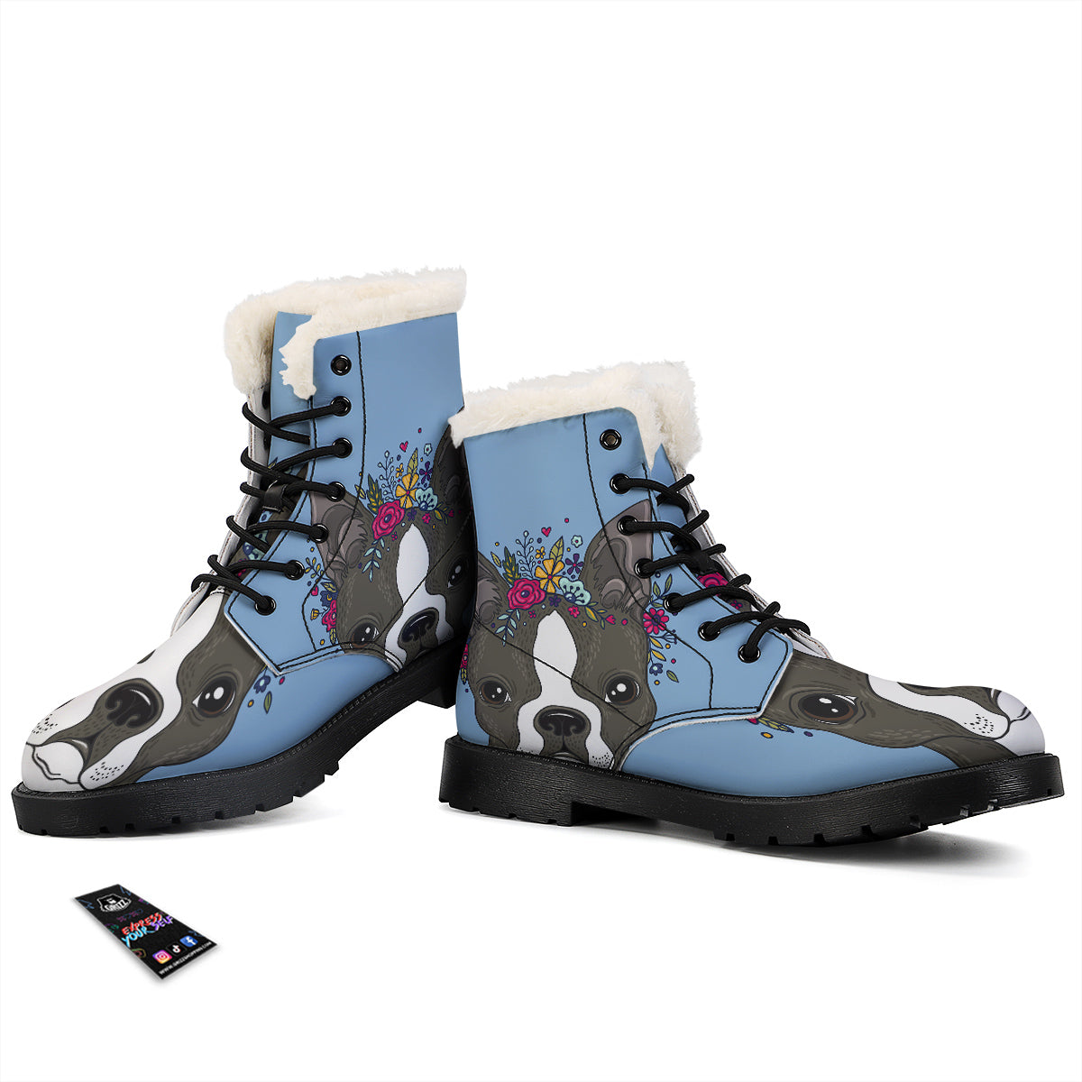 Flower Boston Terrier Cartoon Print Winter Boots-grizzshop