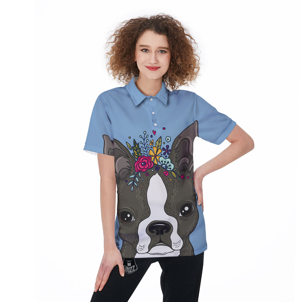 Flower Boston Terrier Cartoon Print Women's Golf Shirts-grizzshop