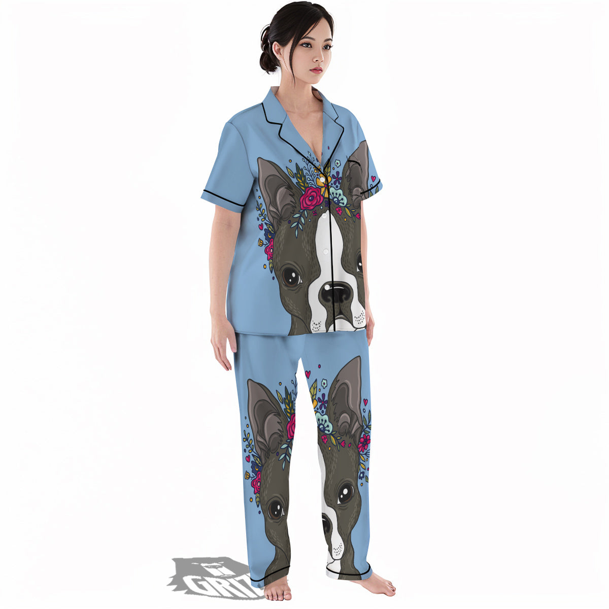 Flower Boston Terrier Cartoon Print Women's Pajamas Set-grizzshop
