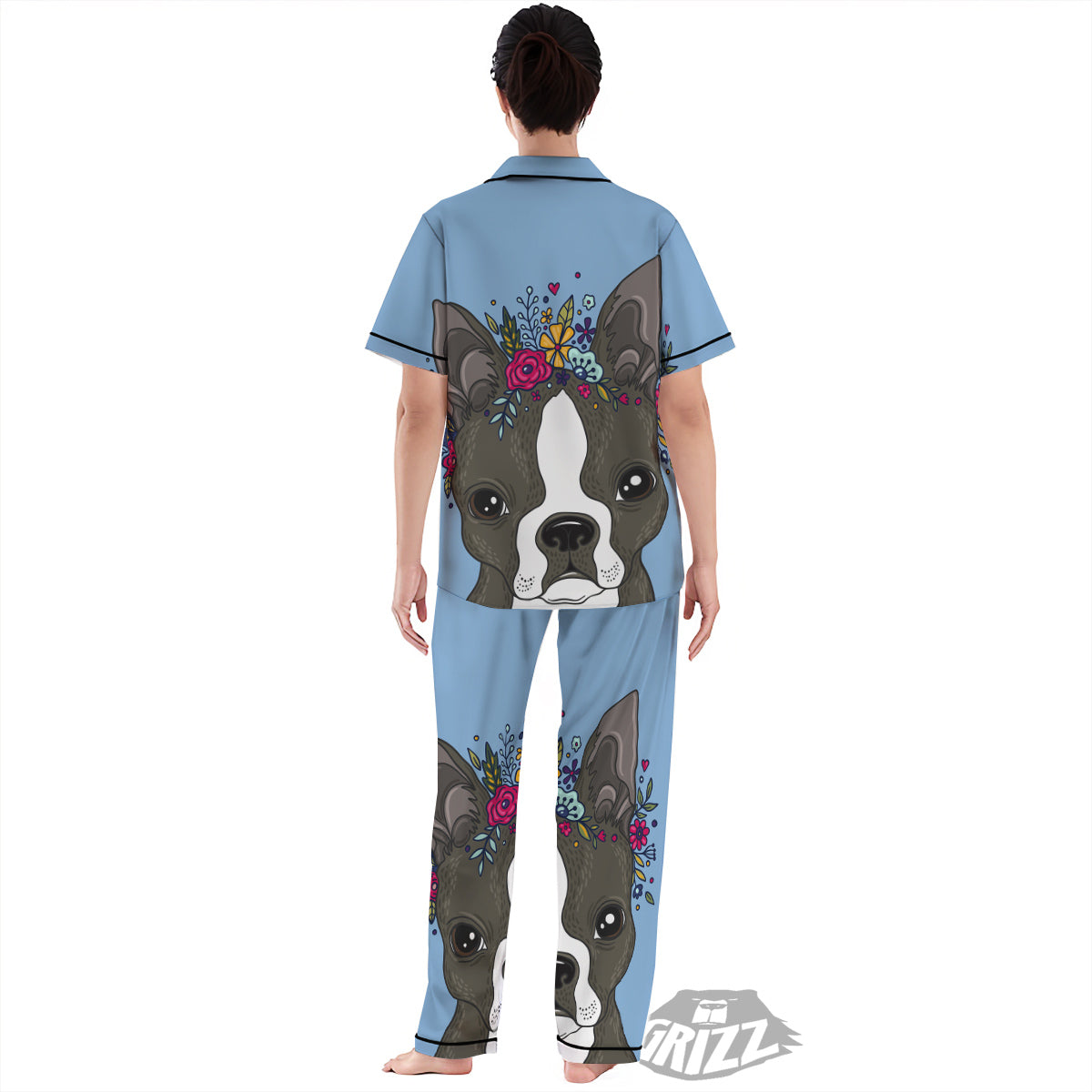 Flower Boston Terrier Cartoon Print Women's Pajamas Set-grizzshop