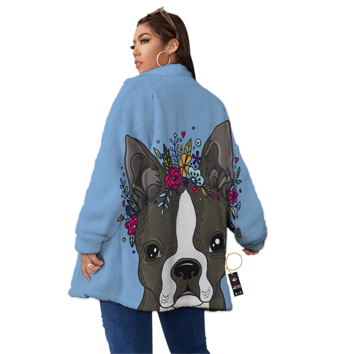 Flower Boston Terrier Cartoon Print Women's Sherpa Jacket-grizzshop