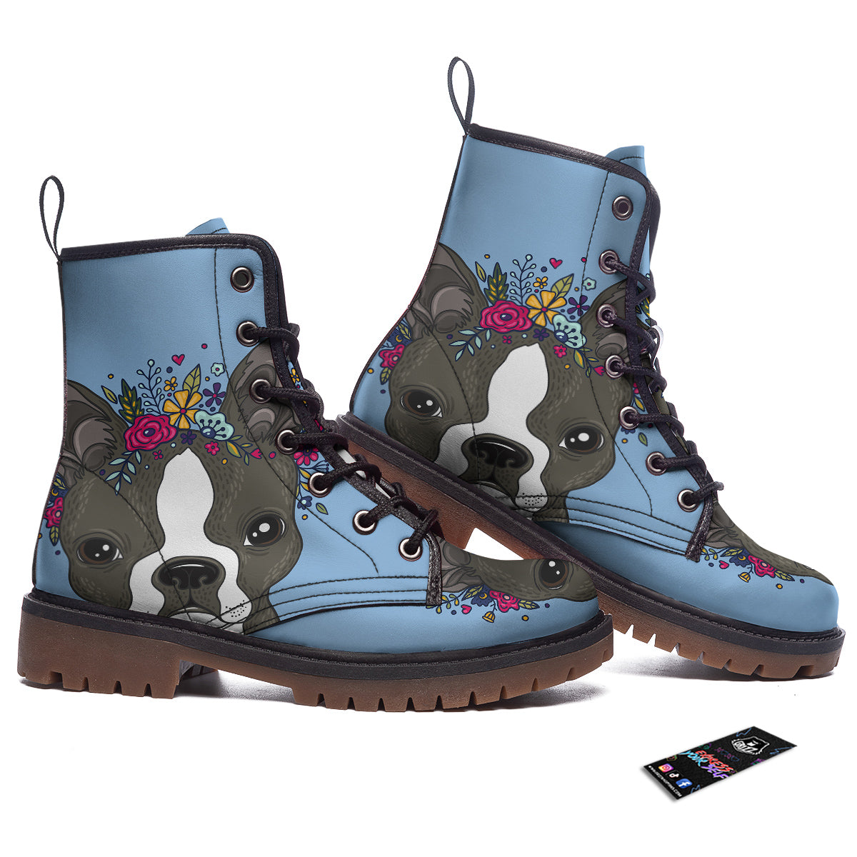 Flower Boston Terrier Cartoon Print Work Boots-grizzshop