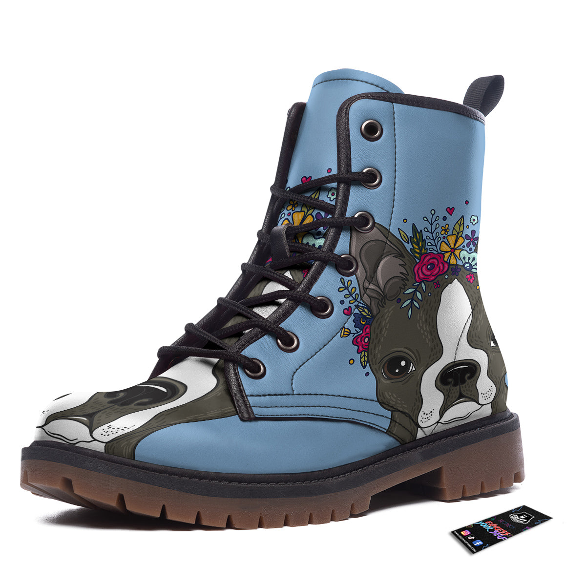 Flower Boston Terrier Cartoon Print Work Boots-grizzshop