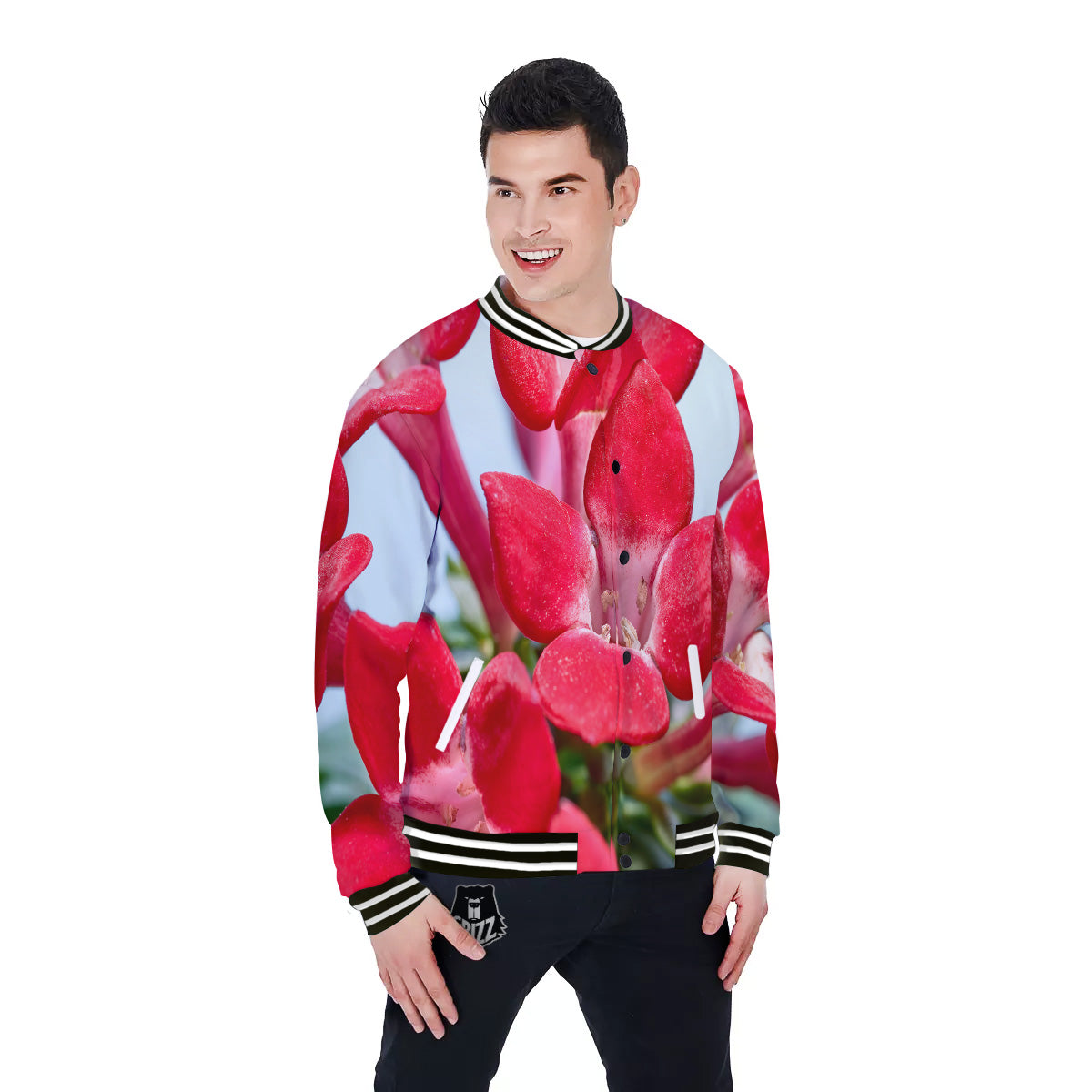 Flower Bouvardia Print Baseball Jacket-grizzshop