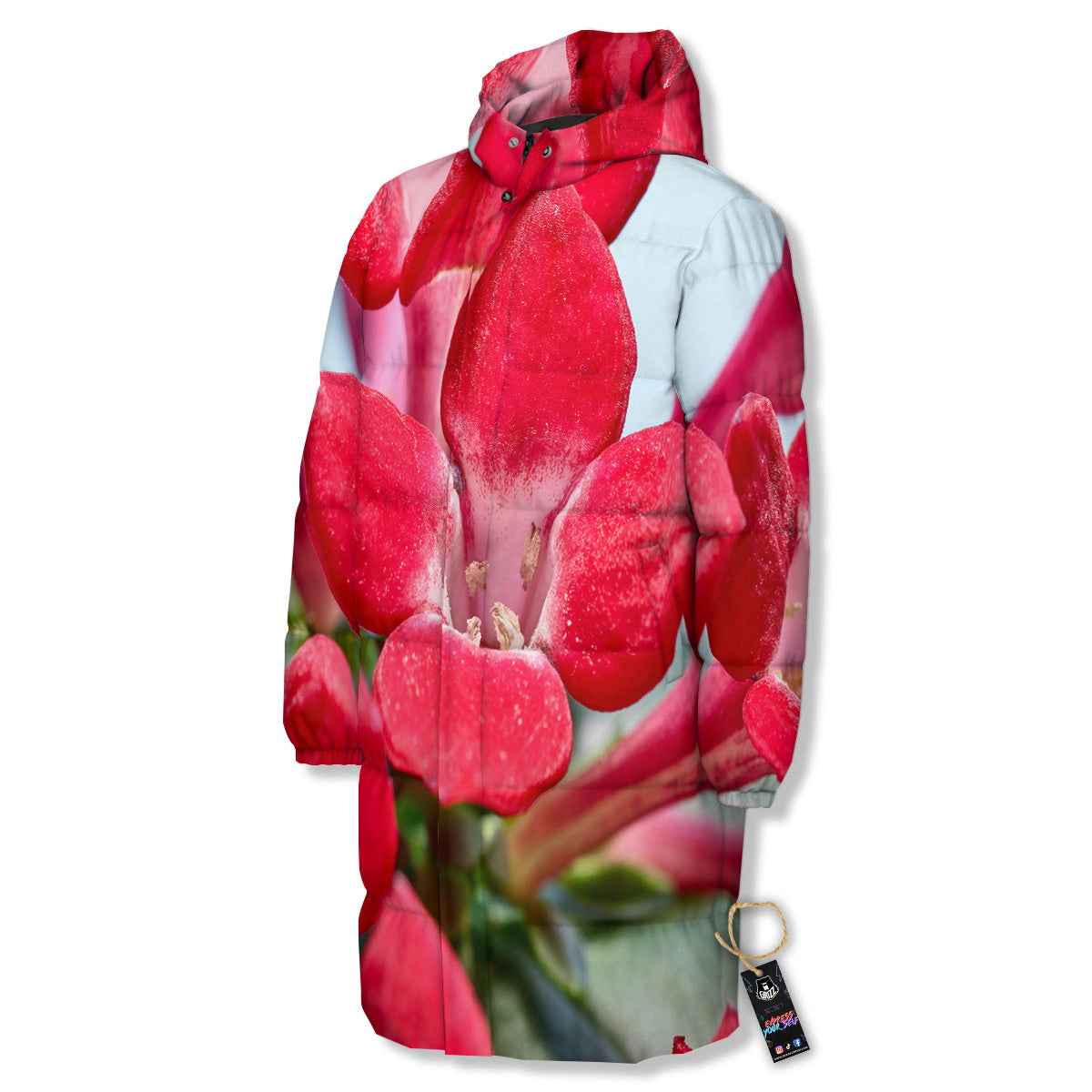 Flower Bouvardia Print Long Down Jacket-grizzshop