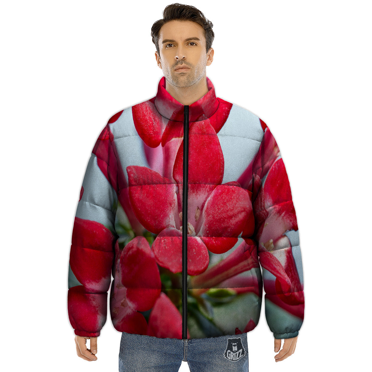 Flower Bouvardia Print Puffer Jacket-grizzshop