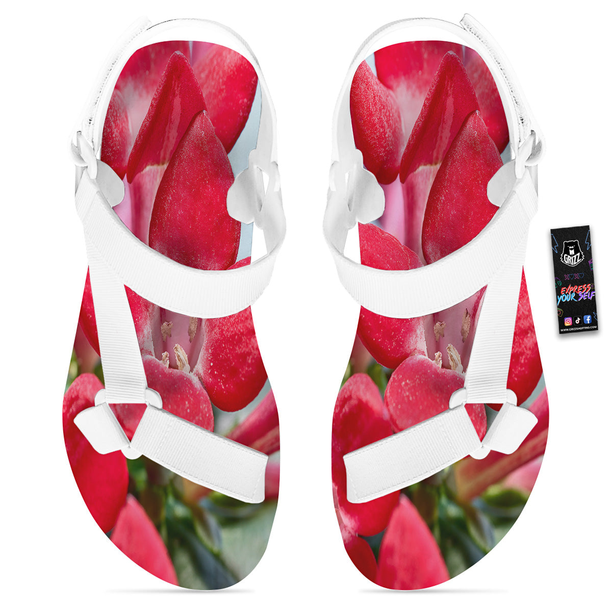 Flower Bouvardia Print White Open Toe Sandals-grizzshop