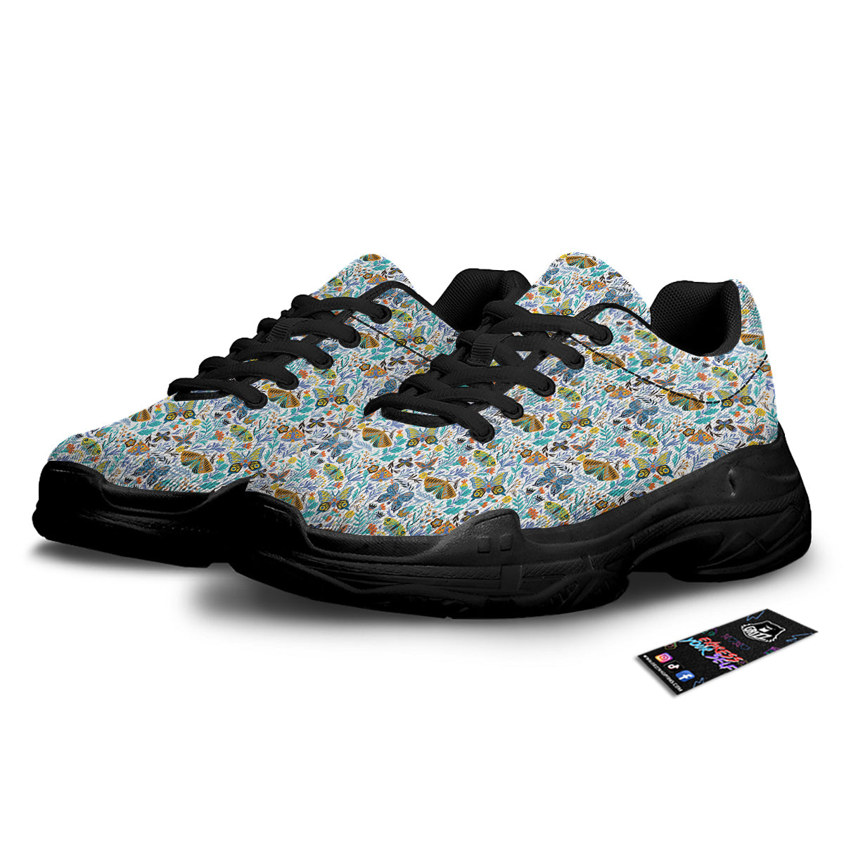 Flower Butterfly And Print Pattern Black Chunky Shoes-grizzshop