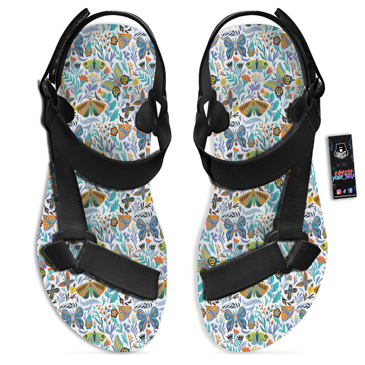 Flower Butterfly And Print Pattern Black Open Toe Sandals-grizzshop