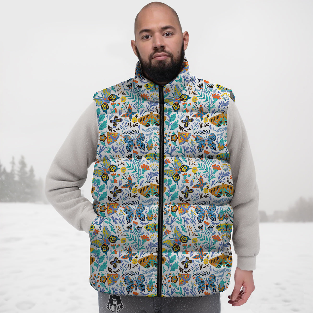 Flower Butterfly And Print Pattern Down Vest