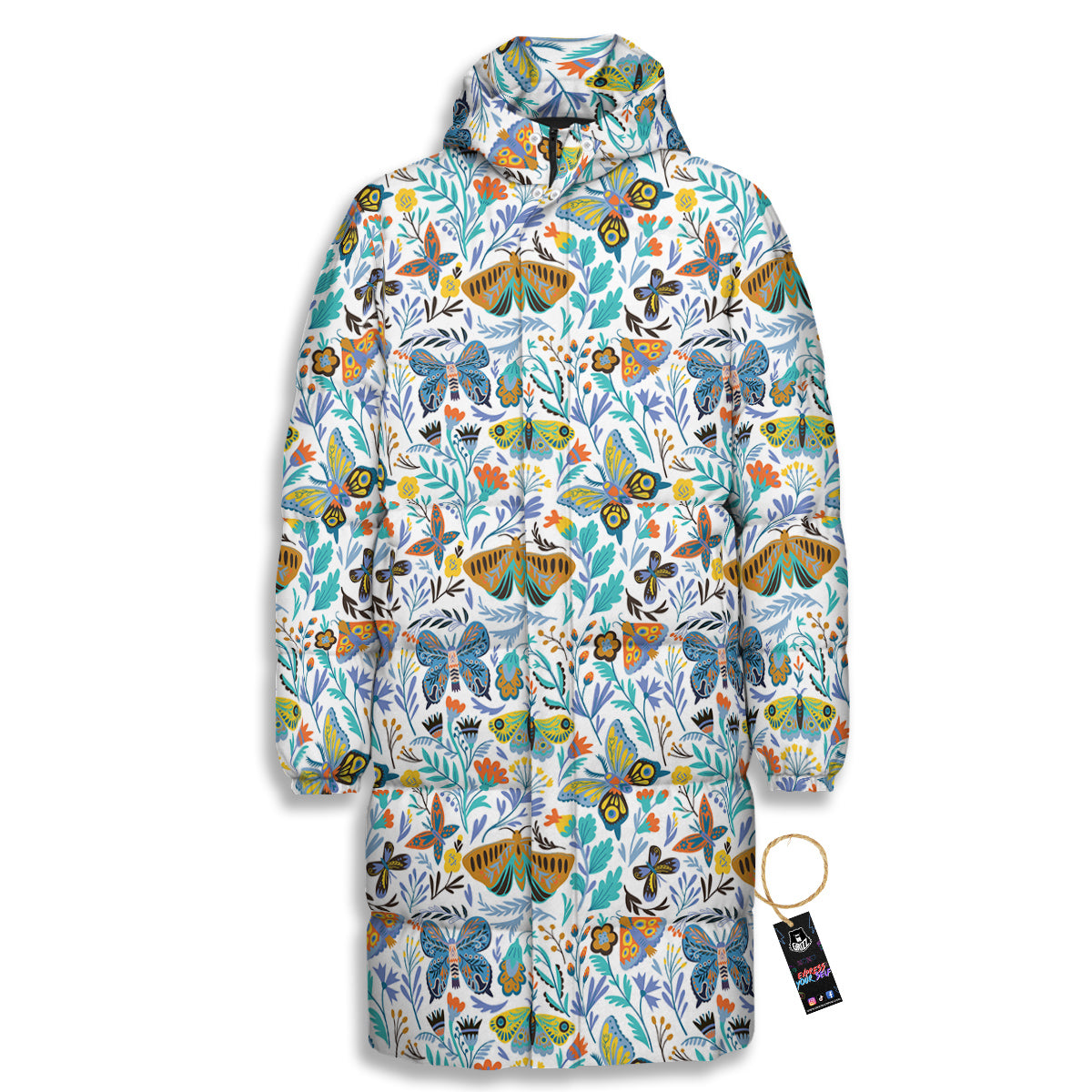 Flower Butterfly And Print Pattern Long Down Jacket-grizzshop